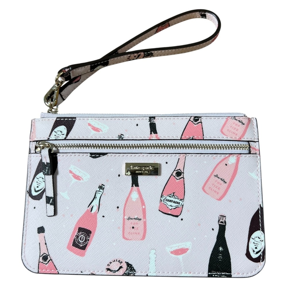 Kate Spade Champagne Print Wristlet Wallet Pink Party Clutch Zip Pouch